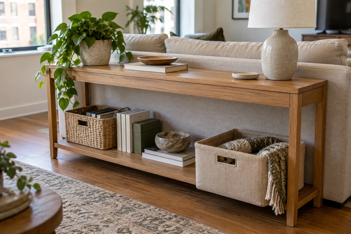 An open console behind a sofa provides accessible basket storage.