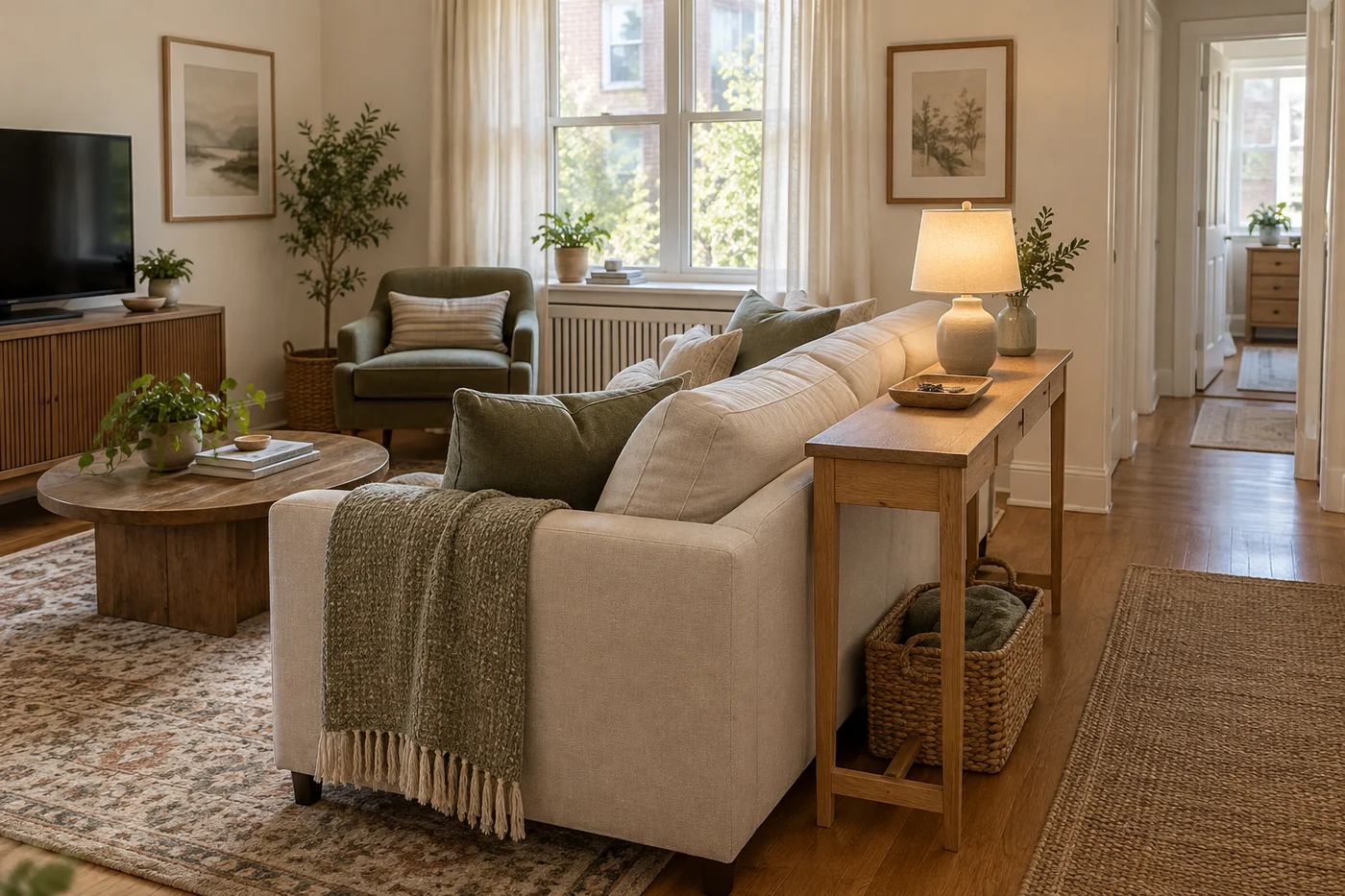 Freestanding narrow wooden console behind a sofa beside a clear walkway
