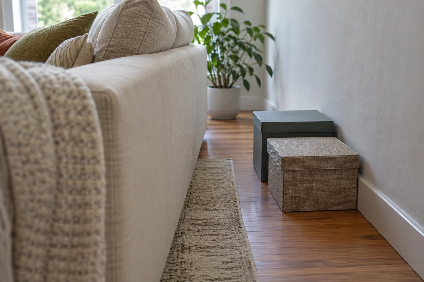 A low storage box is accessible from the end of a sofa.
