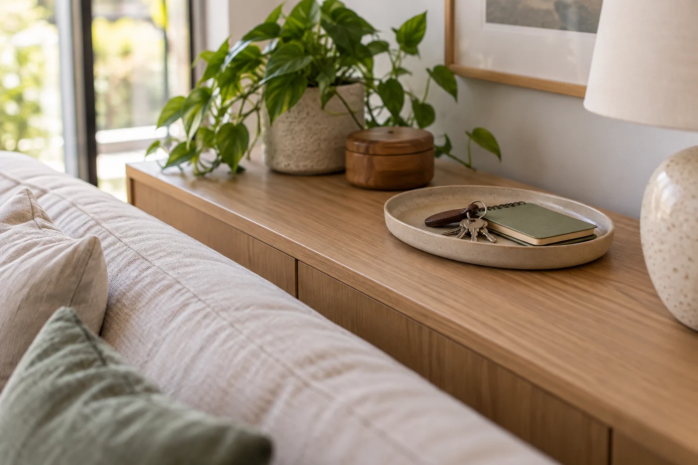 A small tray groups a book and remote on a console.