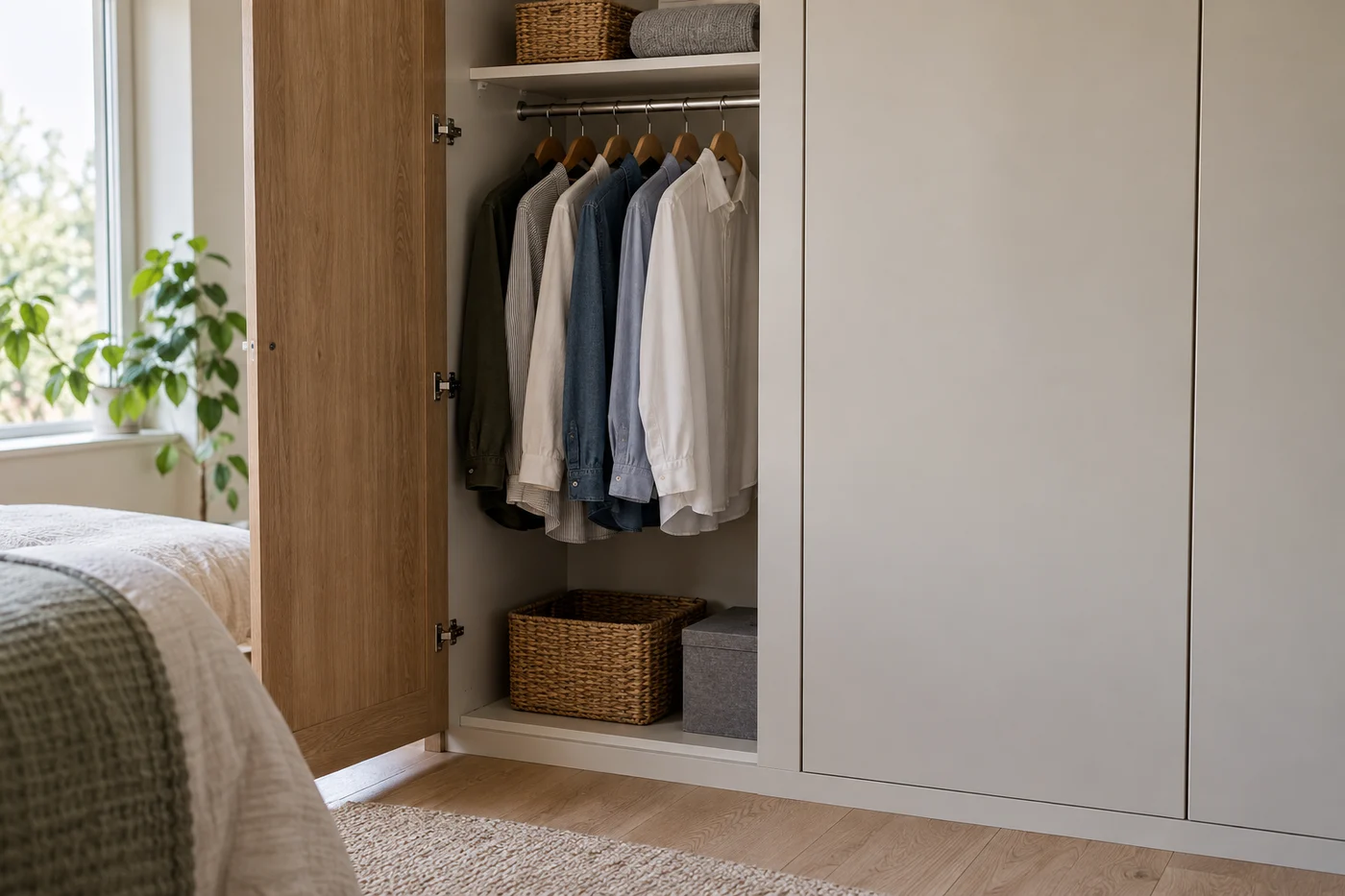 Open wardrobe with shirts and jackets hanging on a standard rail