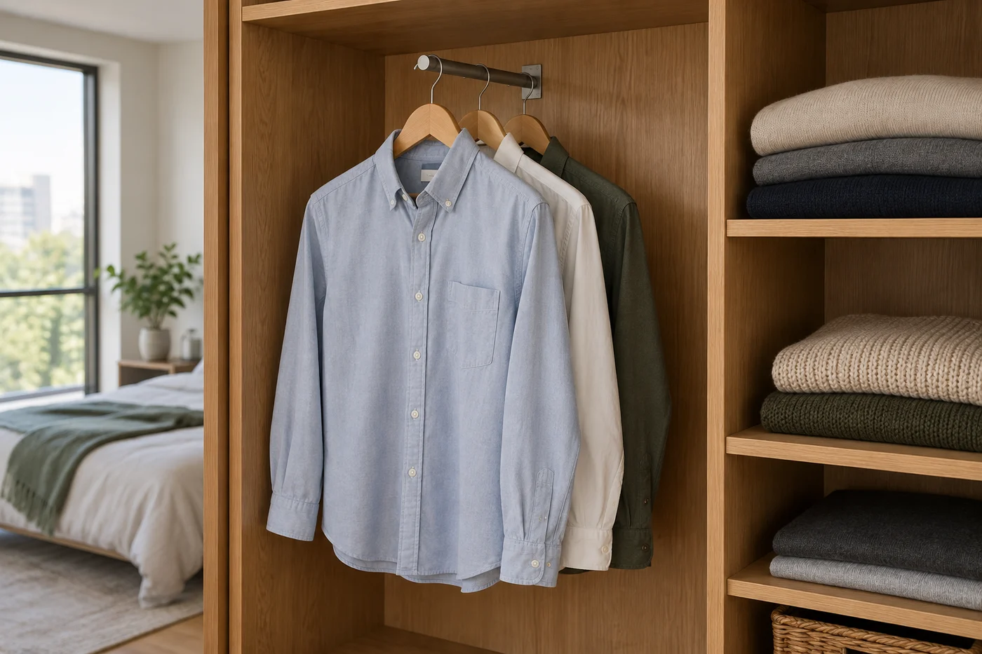 Shirts facing forward on a fixed front-to-back rail beside folded sweaters