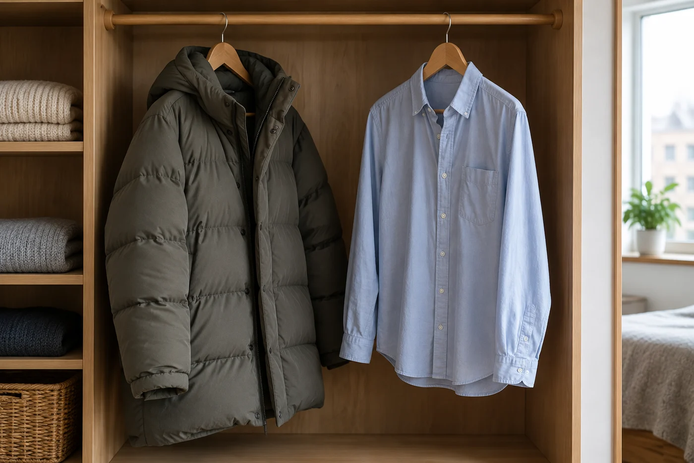 Jacket and shirt on hangers inside an open wardrobe