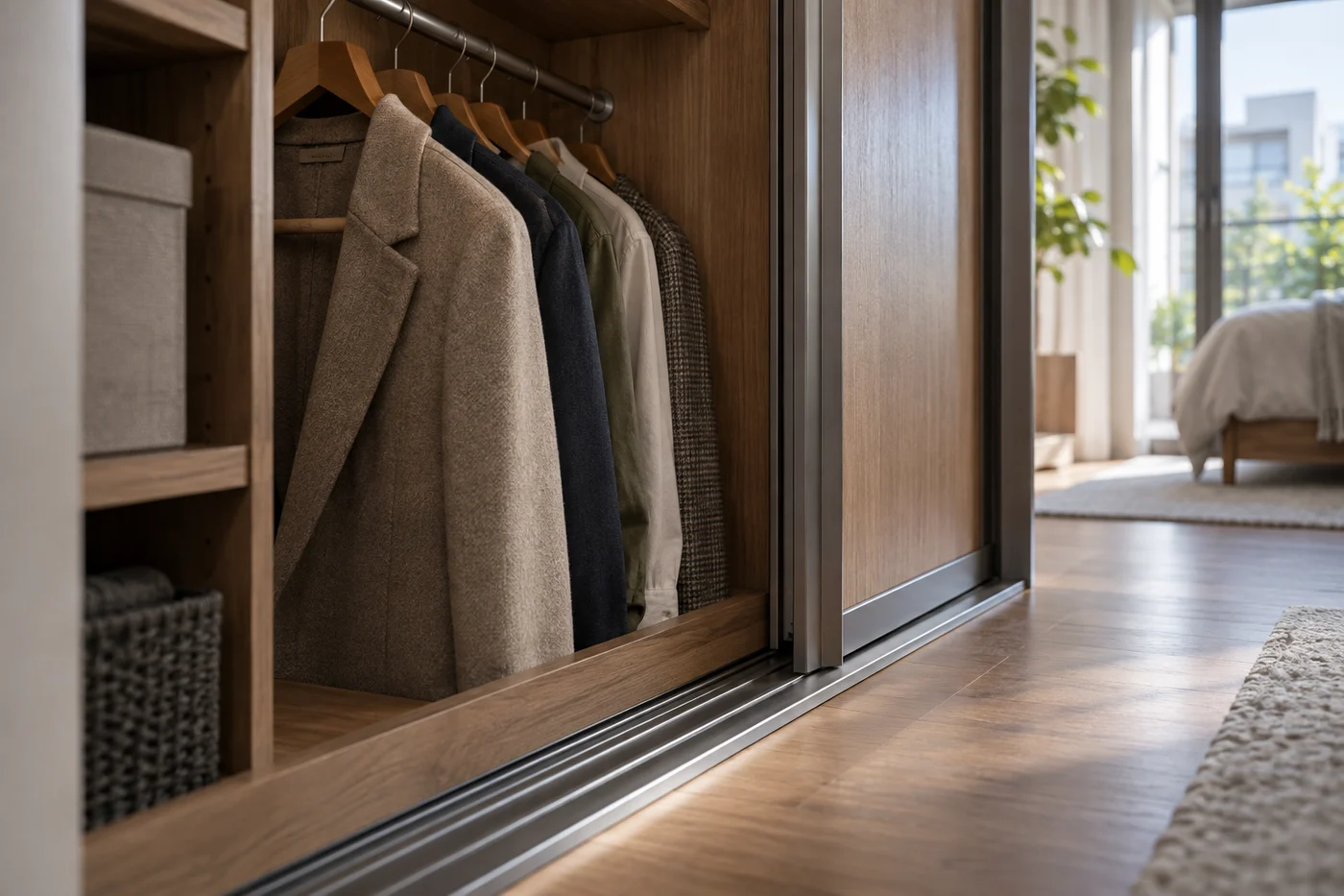 Closet track, back panel and hanger beside the usable hanging area
