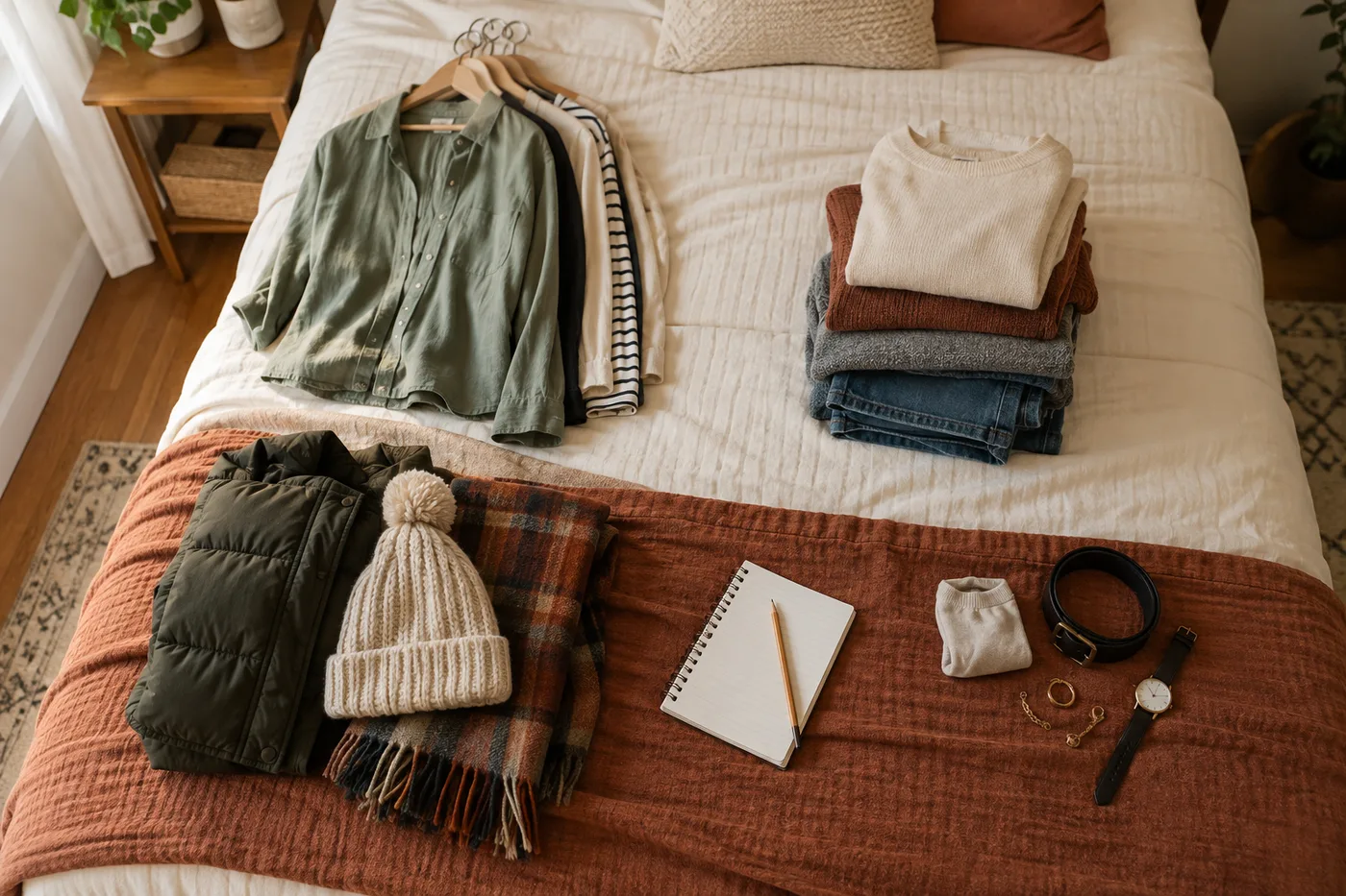 Four small groups of hanging, folded, seasonal, and everyday clothing arranged on a bed
