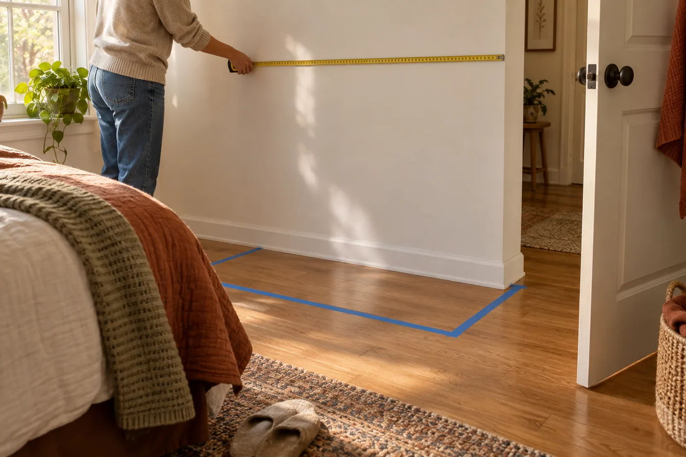 A renter measuring an empty bedroom wall with painter's tape marking a possible storage footprint