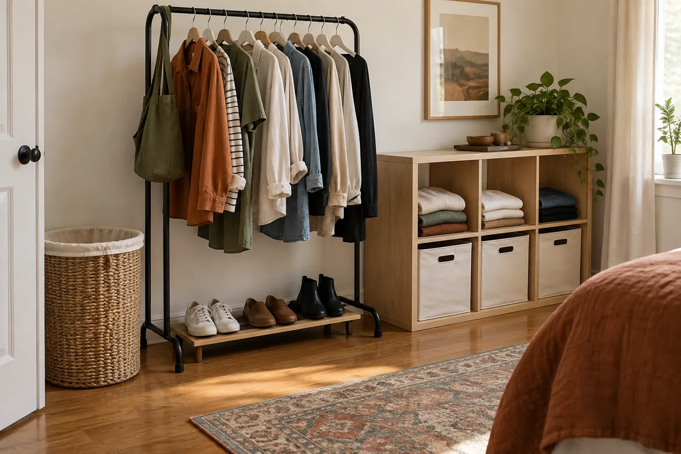 One compact clothing zone with a garment rail, folded clothes, bins, and a nearby hamper