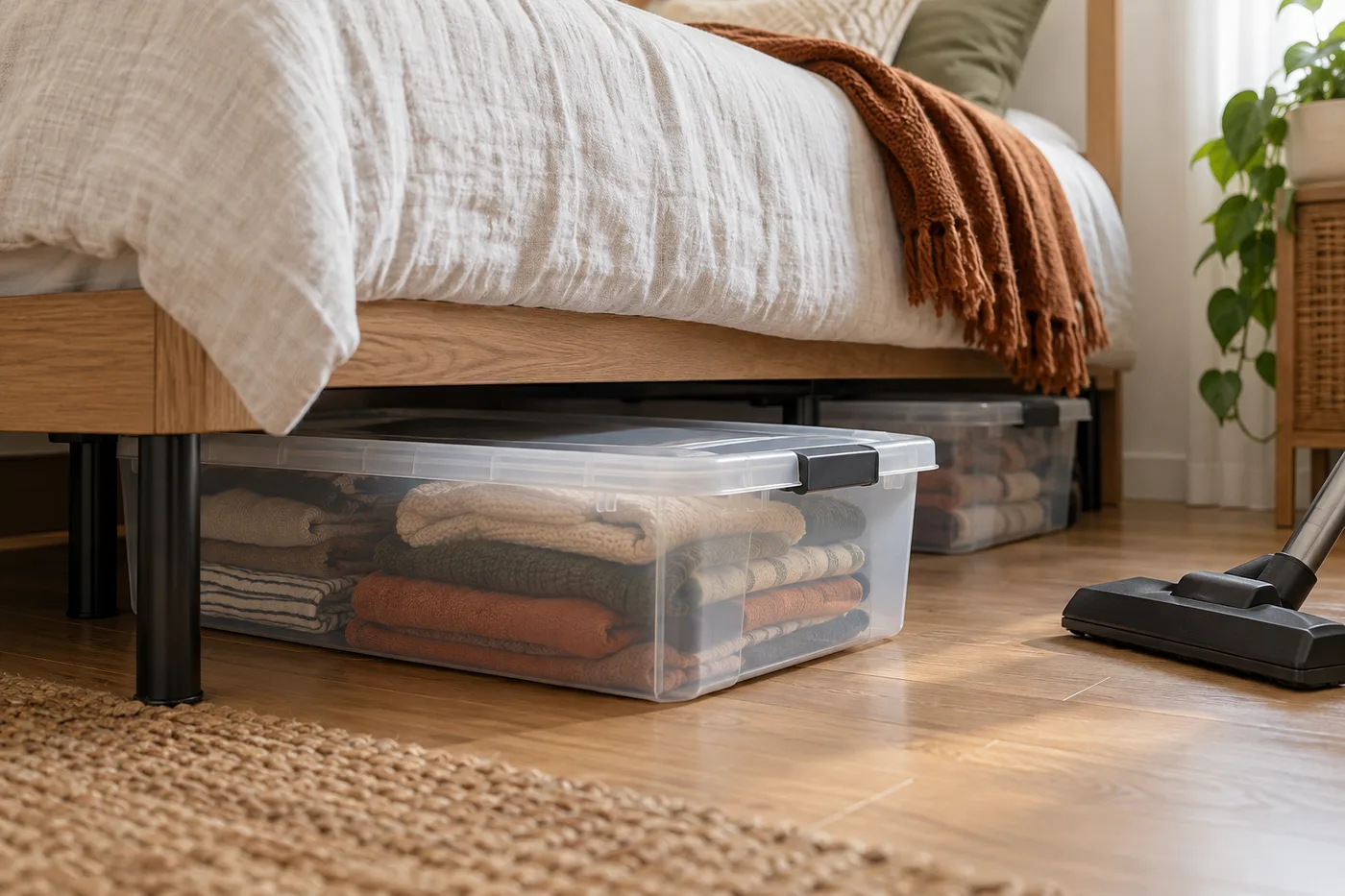 A lidded clothing container pulled from under a bed with bed supports and cleaning access visible
