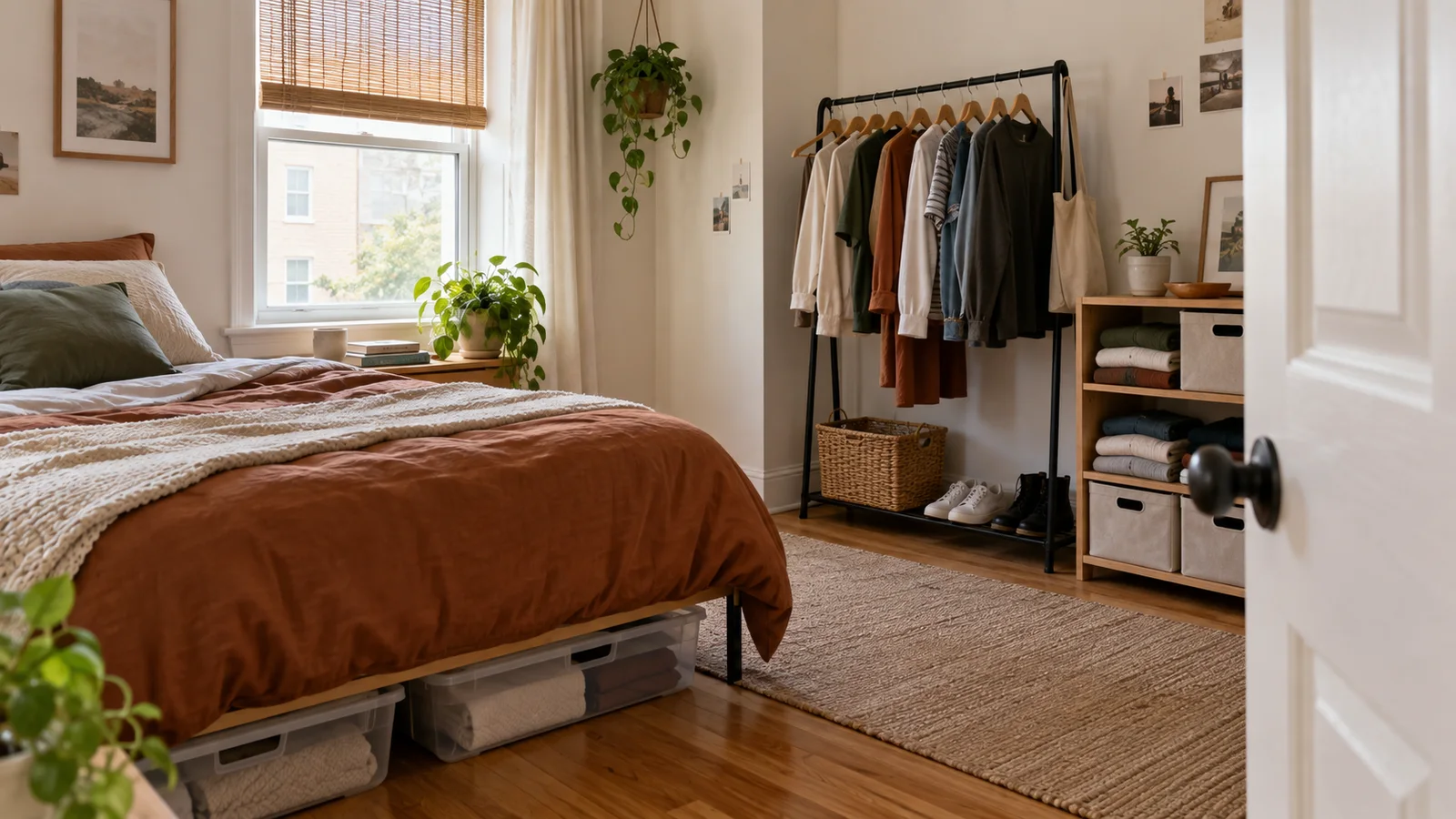 Compact bedroom with an open clothes rack, folded storage, and under-bed containers