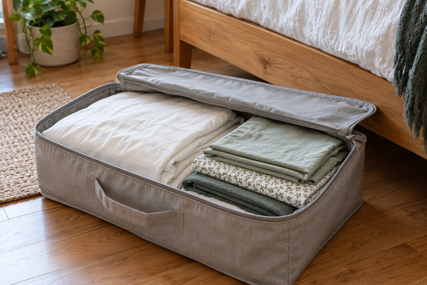 Folded bedding in an open under-bed storage case