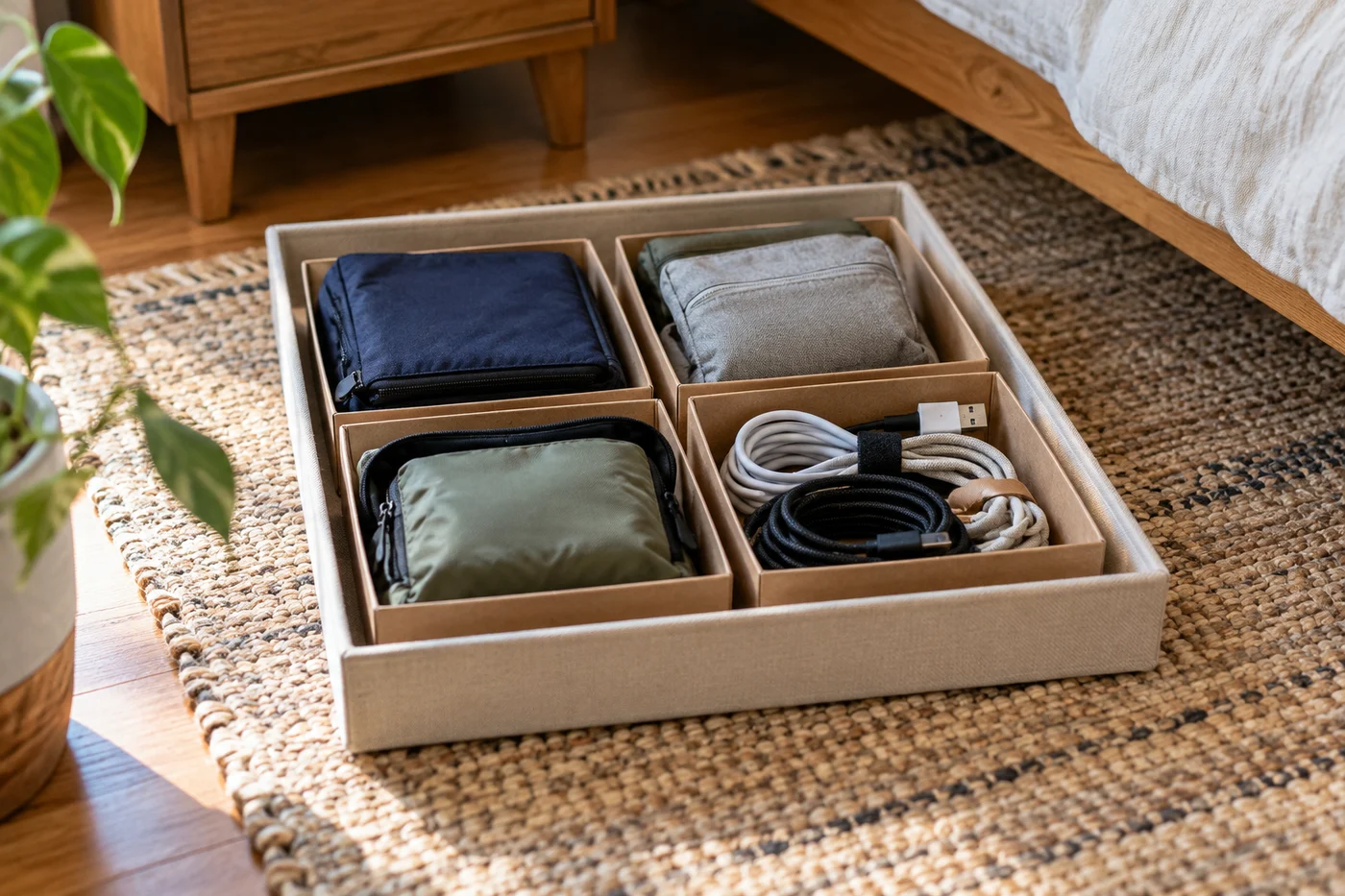 Small removable boxes dividing a shallow storage tray
