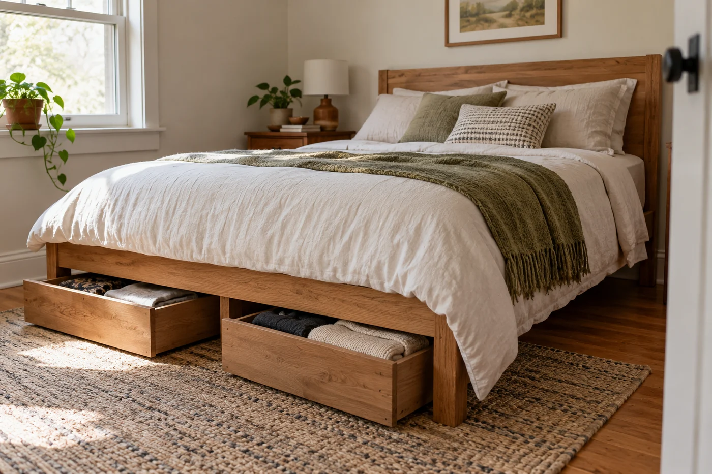 Shallow removable cases beneath a wooden bed