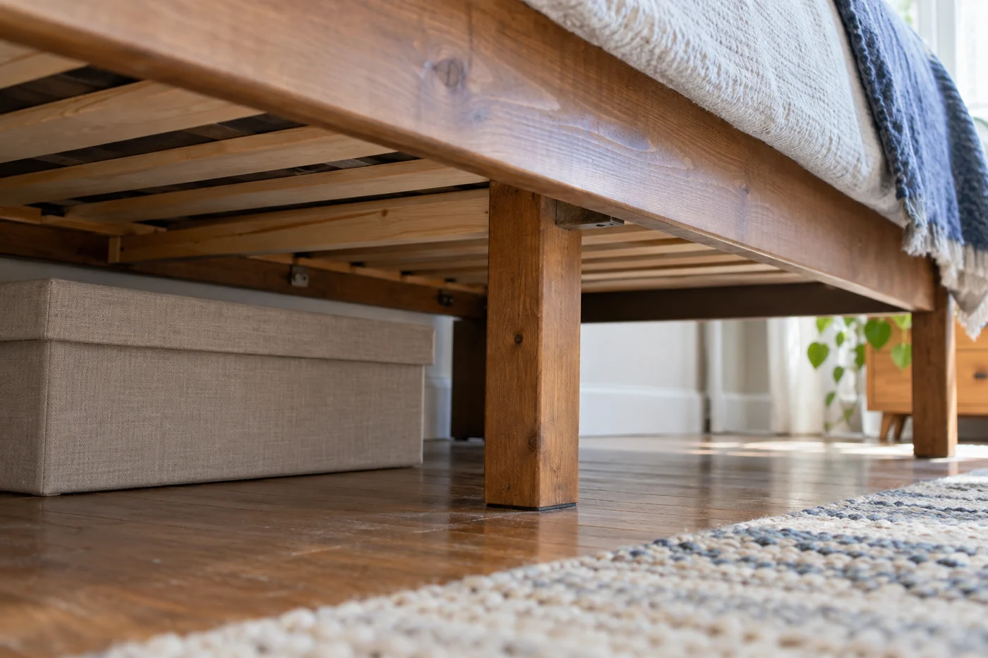 Storage container fitting between bed supports
