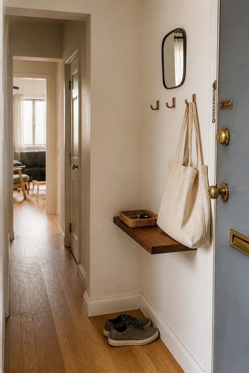 Neat apartment entryway with wall-hung organizer and slim shoe storage behind door swing