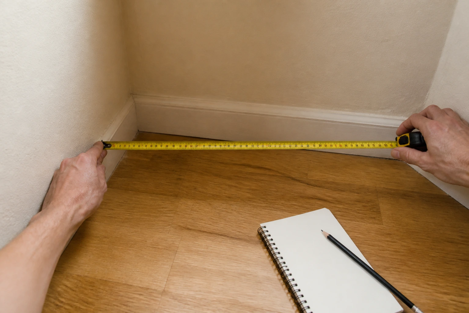 A tape measure checking a narrow apartment boundary before storage is added.