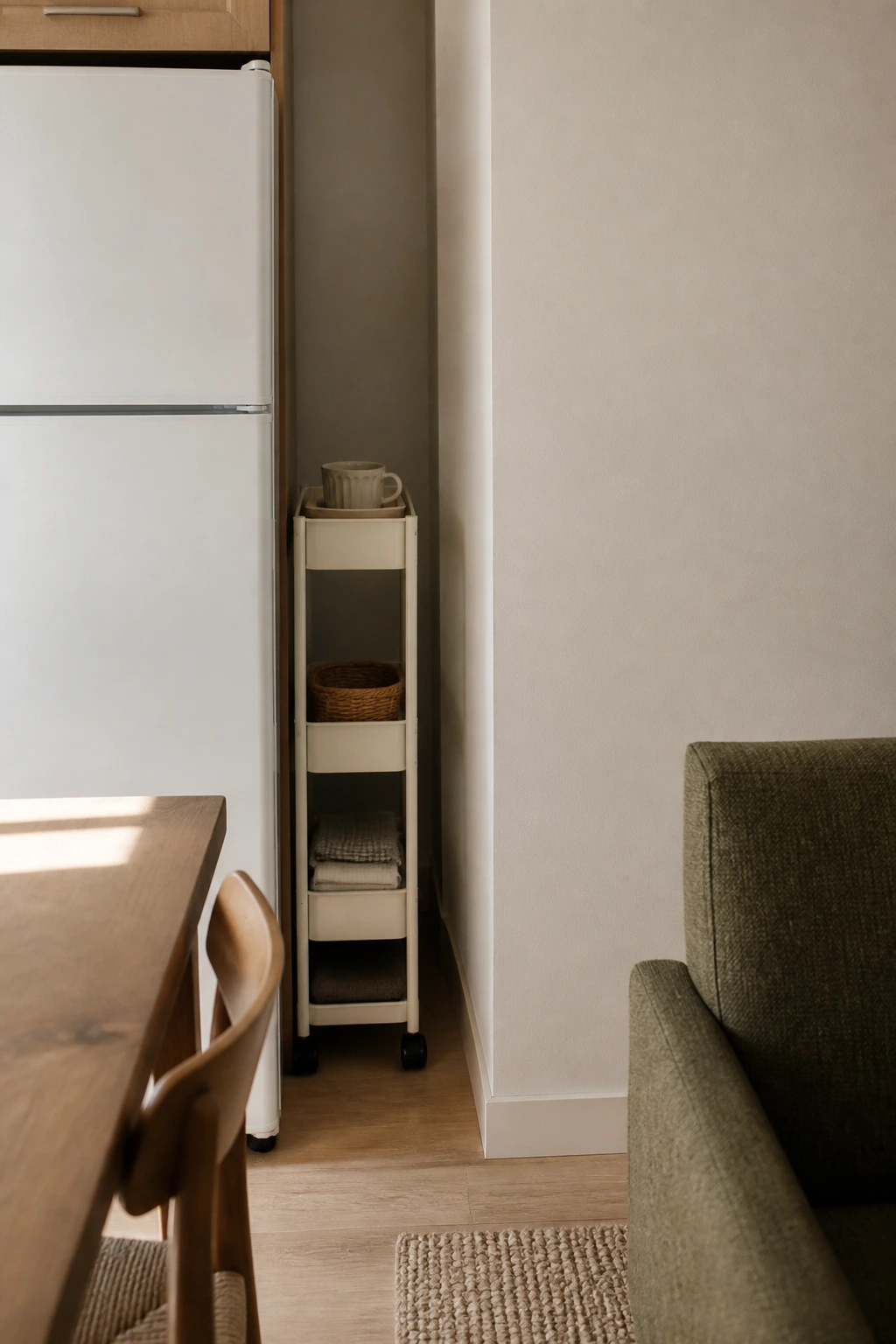 Narrow kitchen gap between refrigerator and counter filled with slim rolling cart