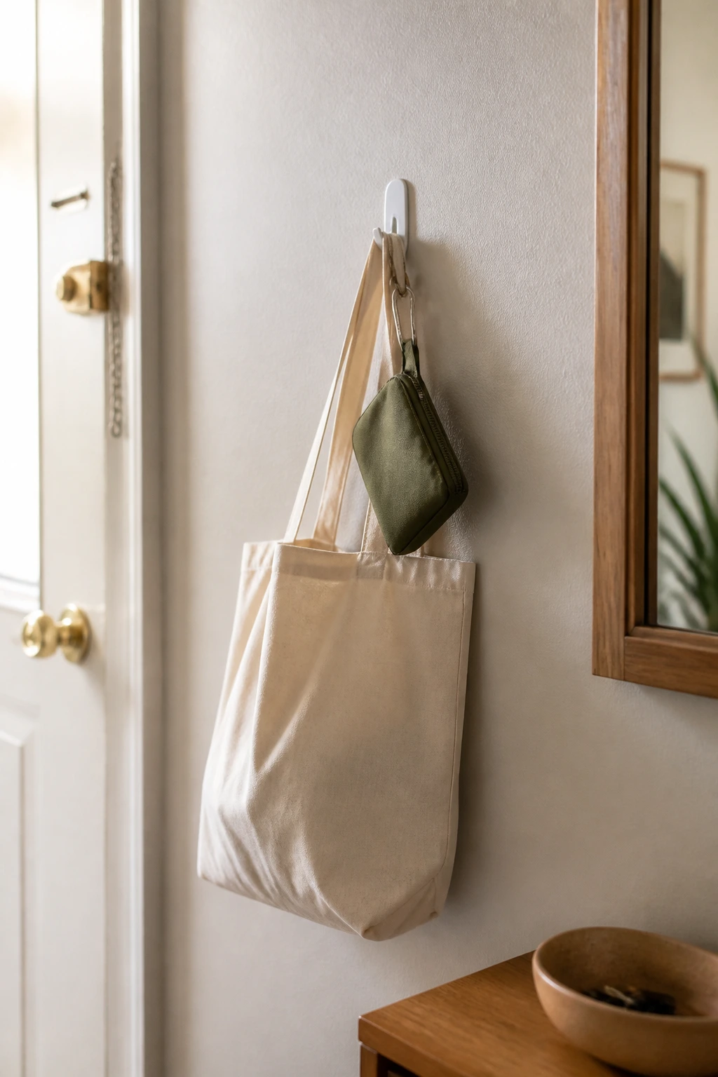 A lightweight canvas tote and key pouch hanging from a small removable-style hook near an apartment door.
