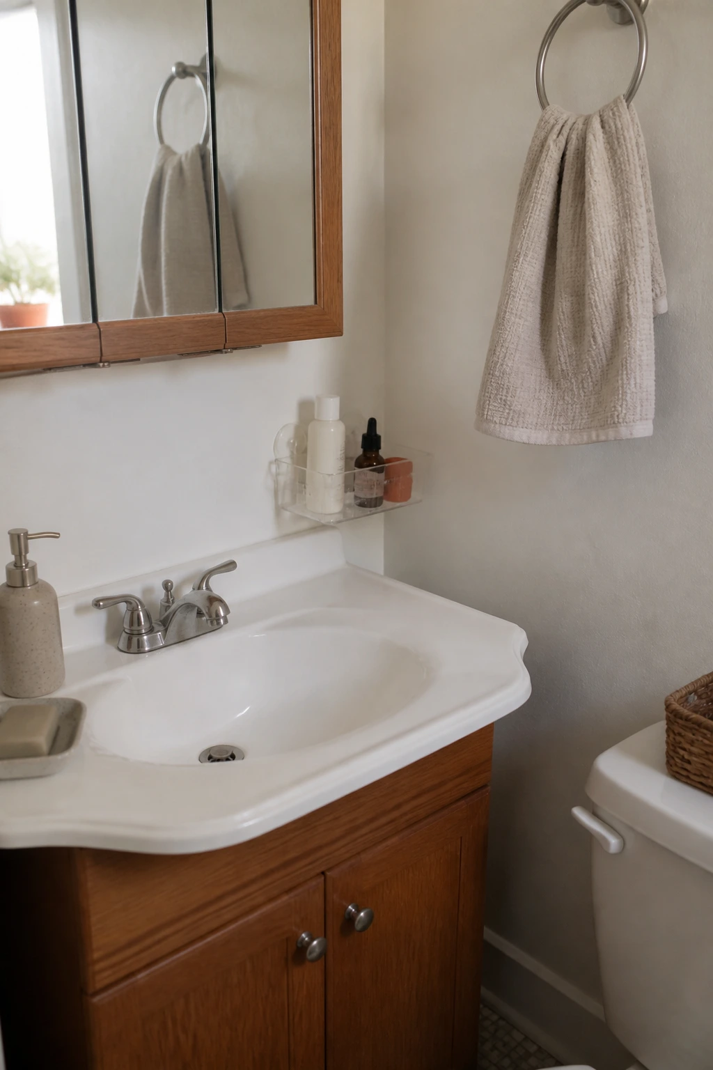 Compact rental bathroom with spring tension corner shower caddy and over-toilet rack