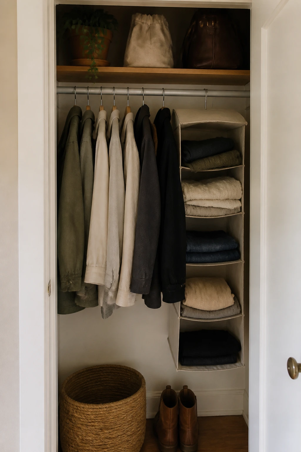 Organized small bedroom with freestanding closet rack and low-profile under-bed storage
