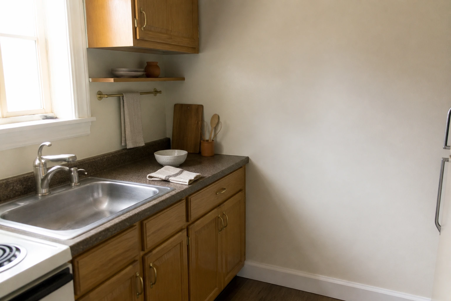 A compact kitchen work zone with a clear prep surface and everyday tools within reach.