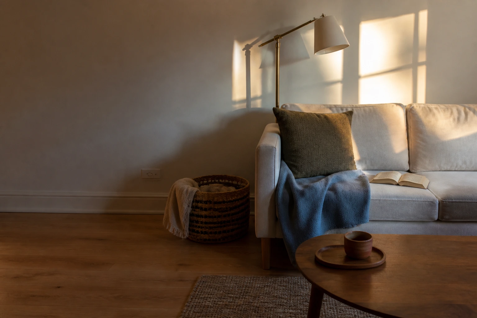 A flexible living-room corner arranged for sitting, working, and an unobstructed path through the room.