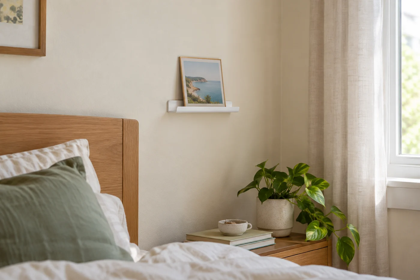 A small display ledge holds a lightweight picture frame.