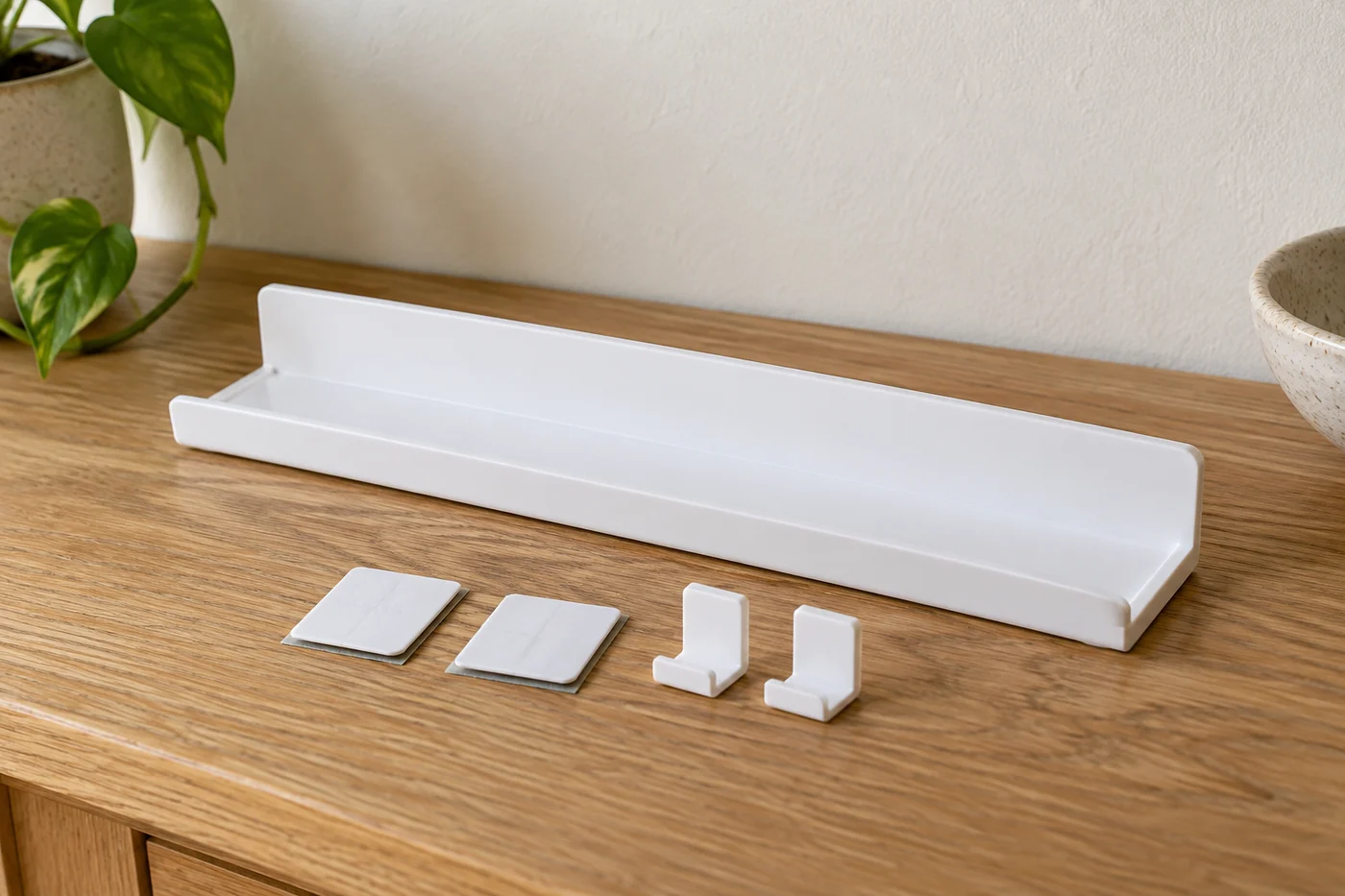 A compact ledge and its mounting parts sit beside a smooth wall.
