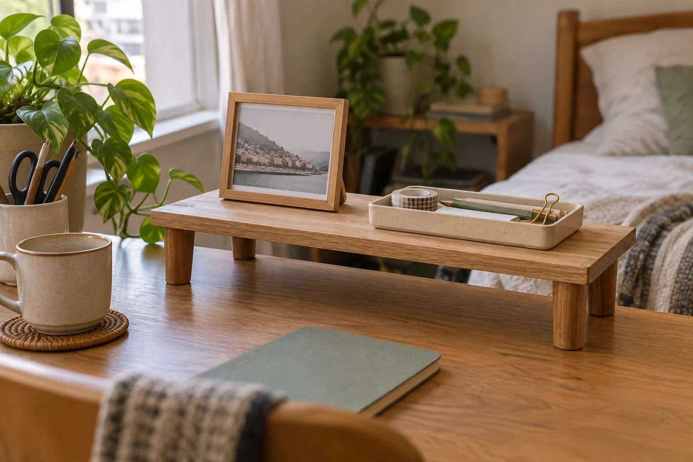 A freestanding riser adds storage on an existing surface.
