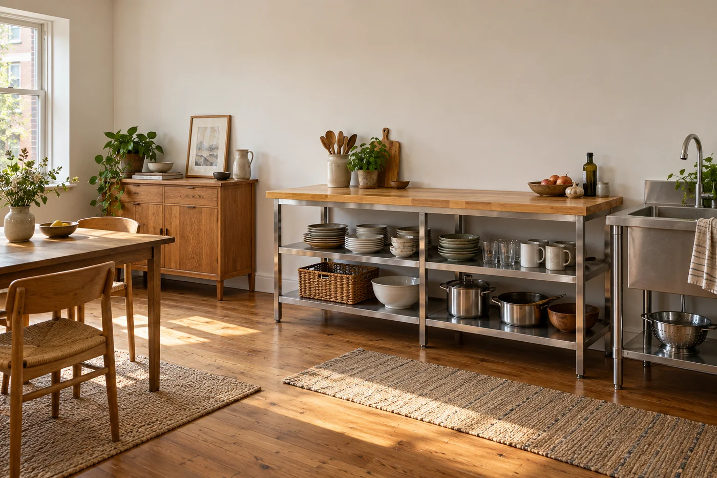 A compact kitchen with tidy open and closed storage
