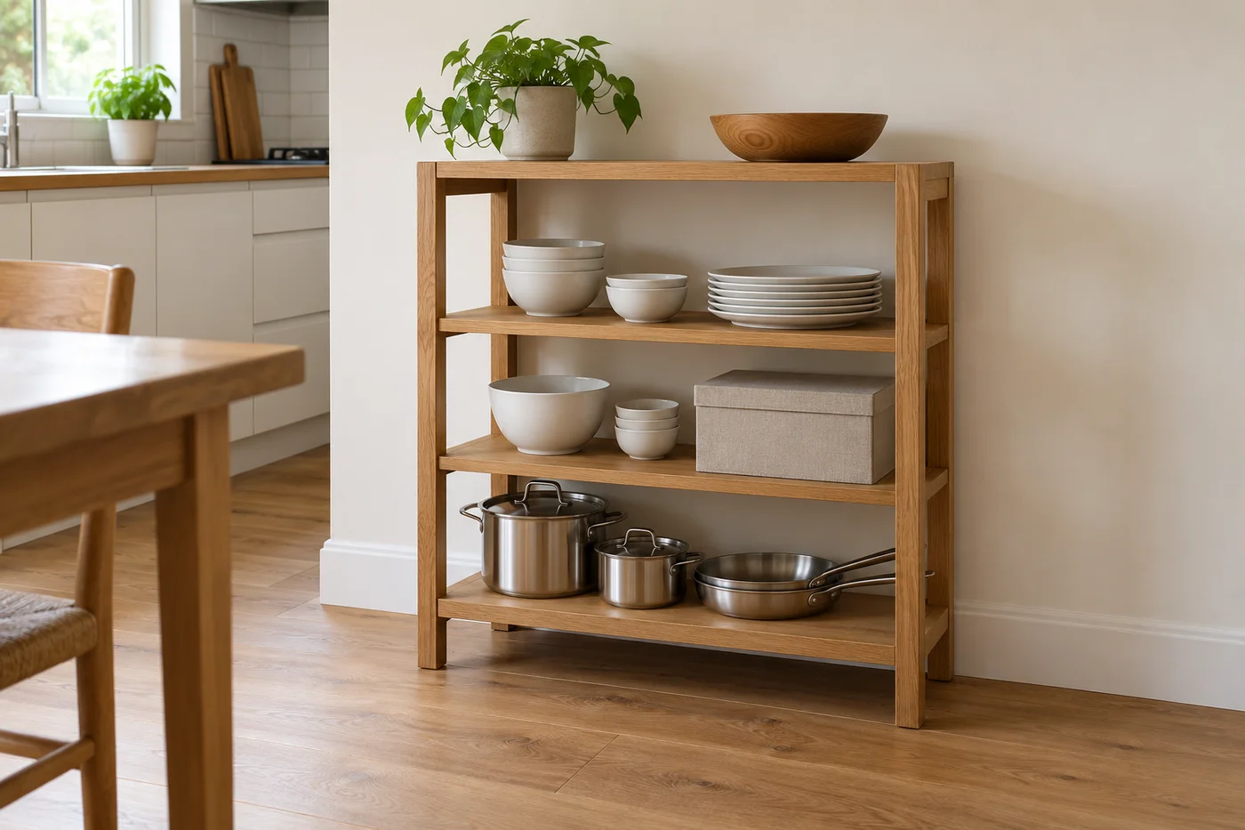 Open kitchen shelf holding stacked dishes, cookware, and bins for utensils away from the stove