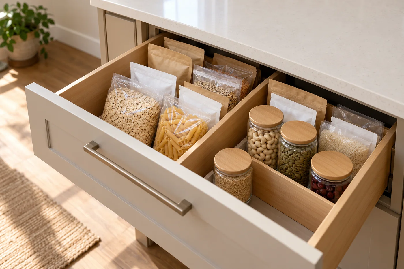 Kitchen drawer with upright food packets and jars separated by wooden dividers