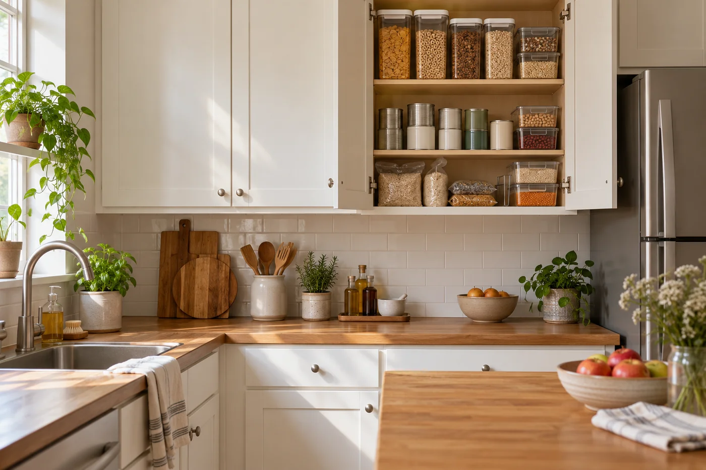 Small kitchen with grouped food in an open cabinet and a clear worktop