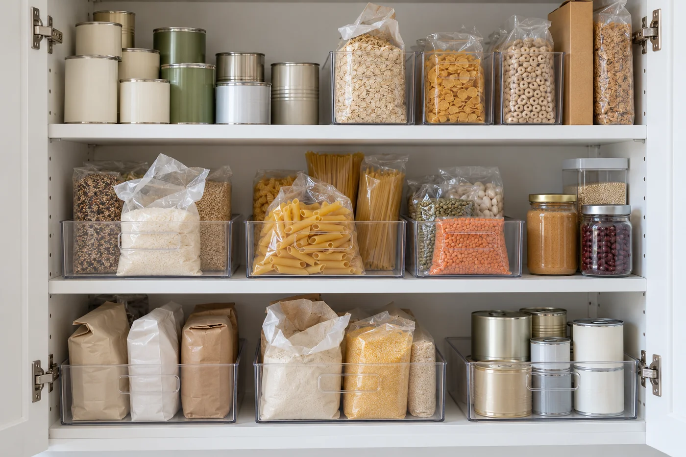 Cans, jars, and dry ingredients arranged in bins on open cupboard shelves