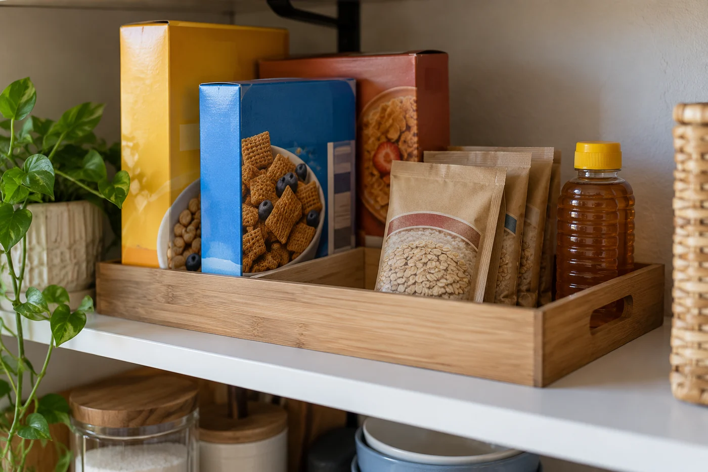 Breakfast supplies are grouped on an easy-to-reach pantry shelf.