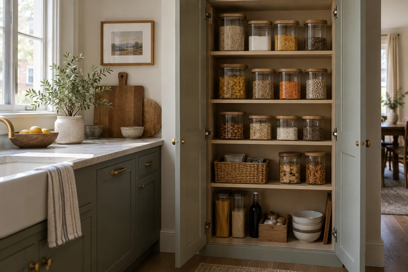 A narrow kitchen pantry organized with food storage zones