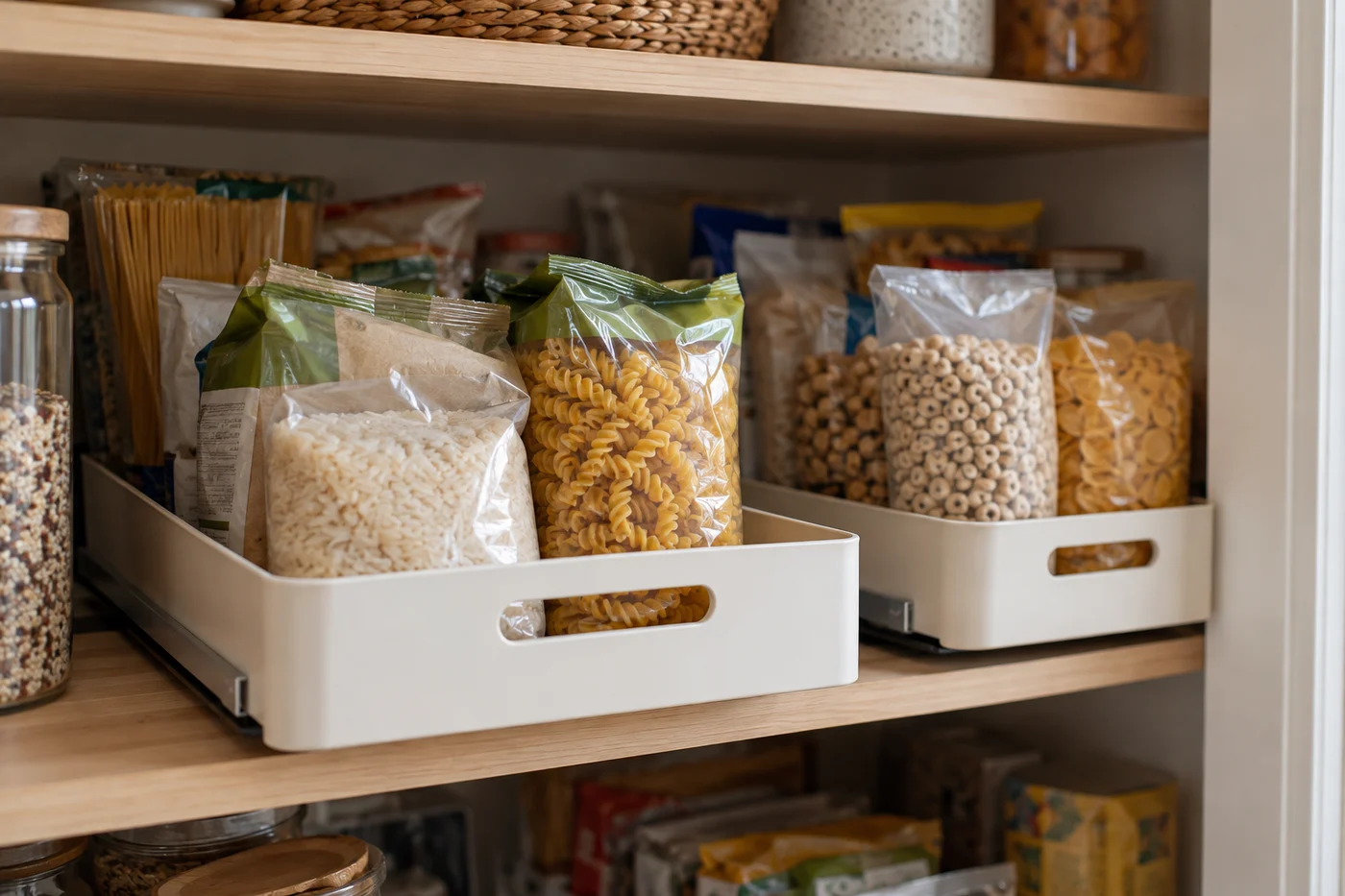 Small containers divide a deep pantry shelf into accessible groups.