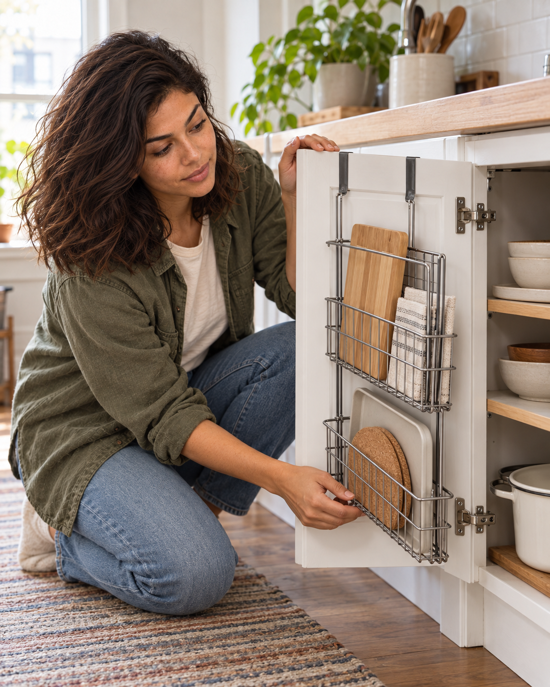 Nora checking clearance as a lower cabinet door with an unbranded hanging basket opens in a small kitchen