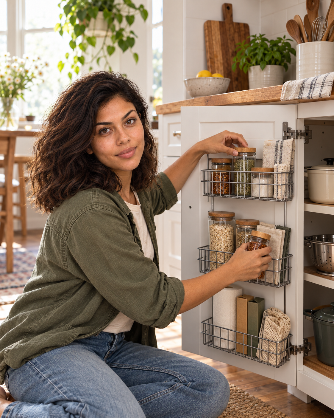 Nora arranging generic light kitchen items into shallow wire baskets on the interior of a cabinet door