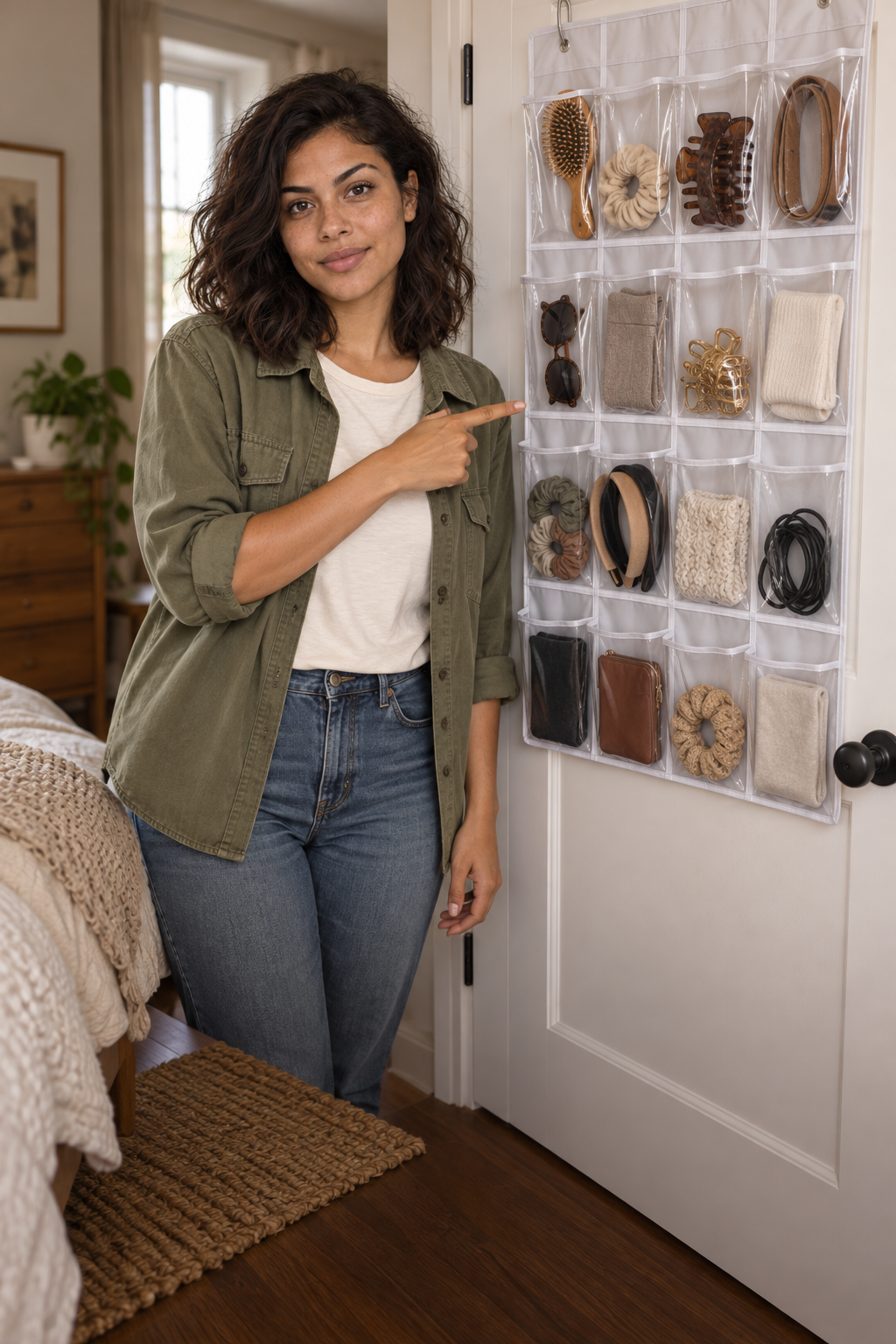 Nora beside a generic clear-pocket organizer on a bedroom door