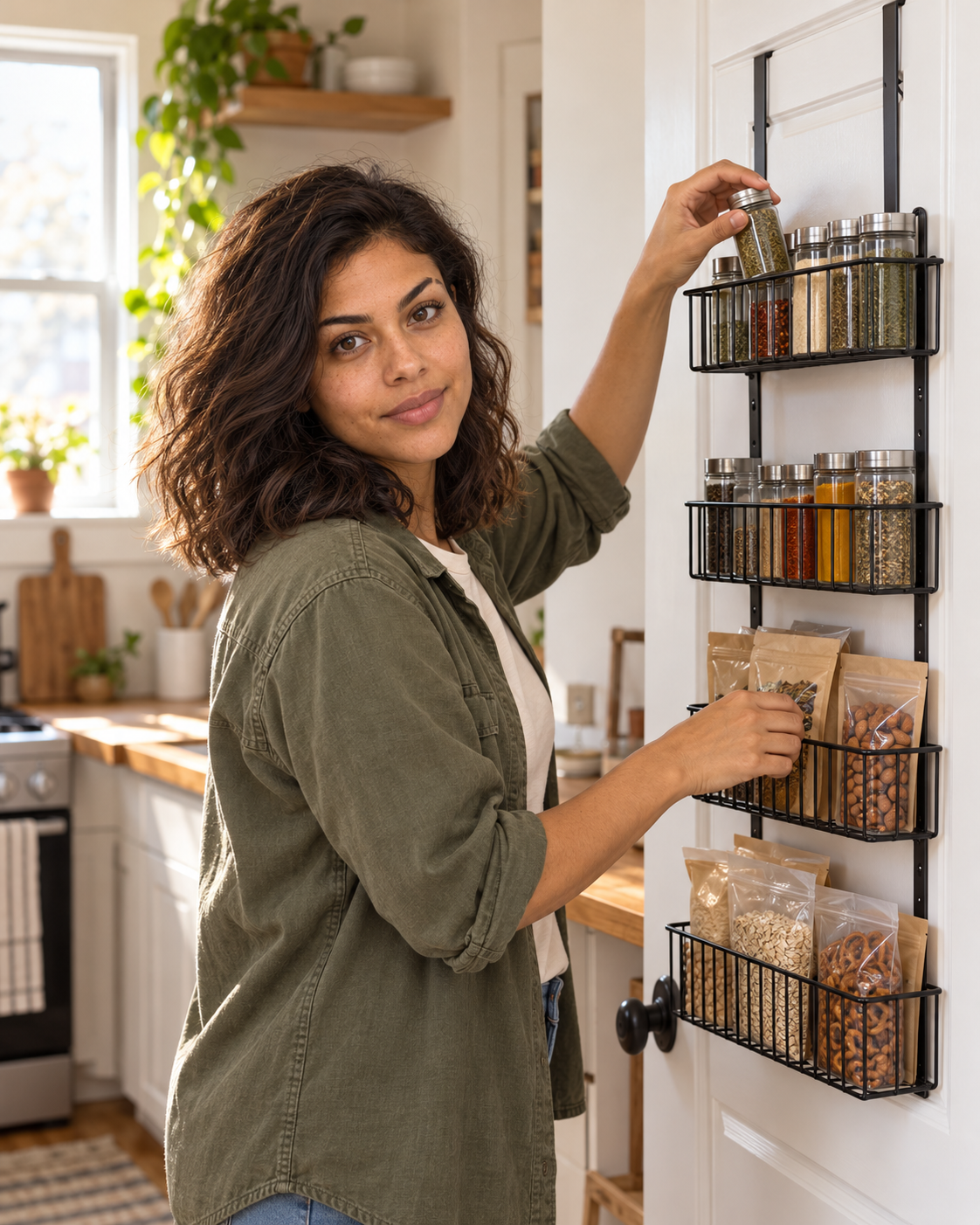 Nora arranging generic pantry items by height beside an unbranded metal pantry-door rack