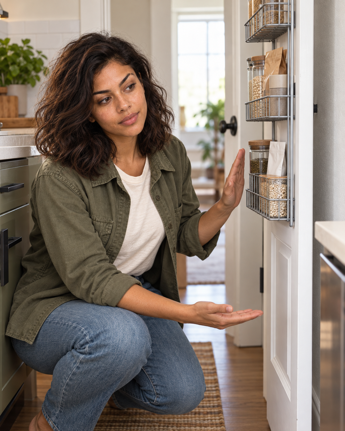 Nora checking the open-door clearance next to a generic pantry-door rack in a small kitchen