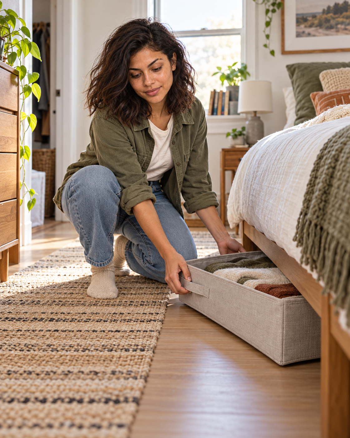 Nora checking that a generic under-bed storage container can pull out into a clear aisle