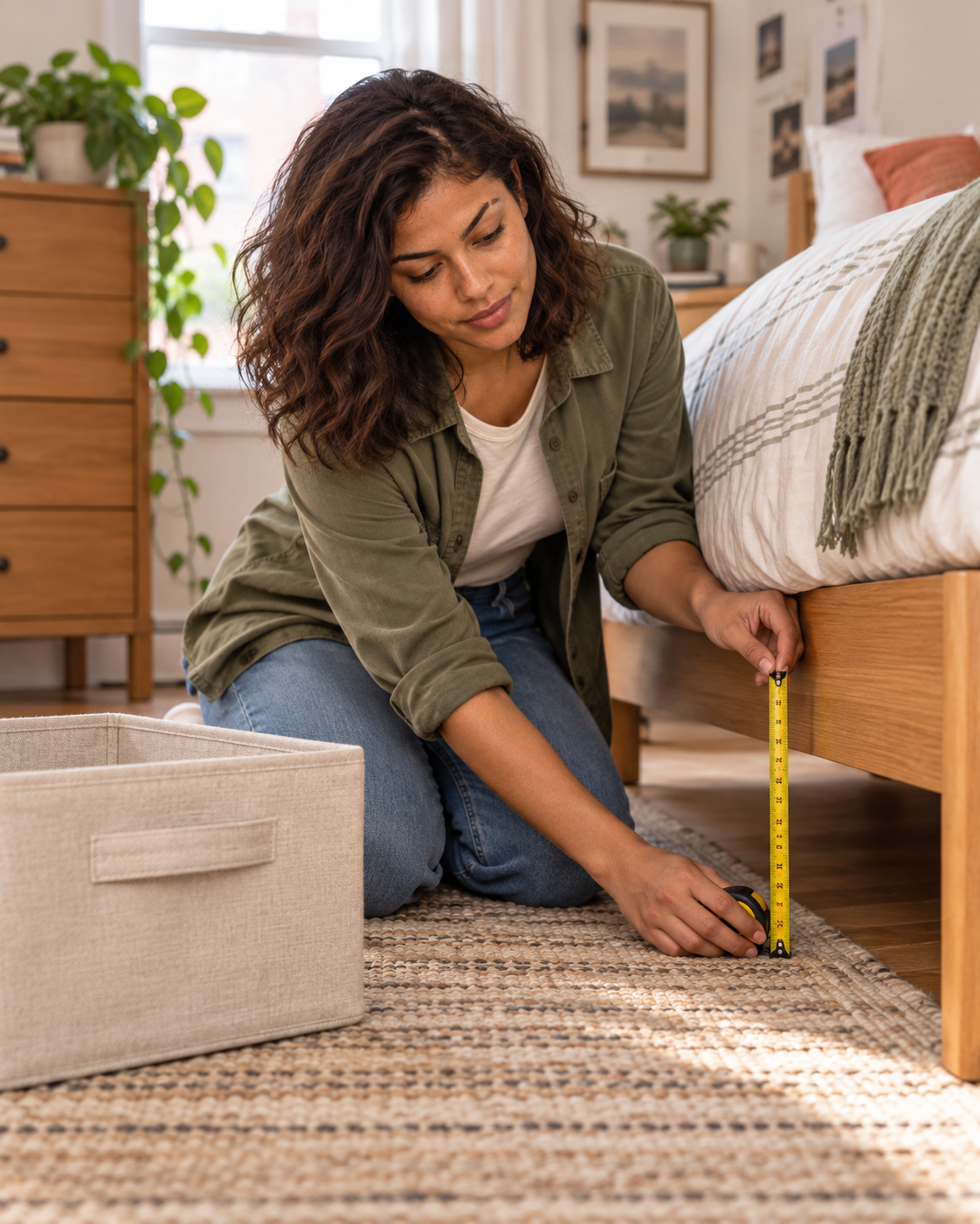 Nora measuring clear space beneath a bed with a tape measure in a small bedroom