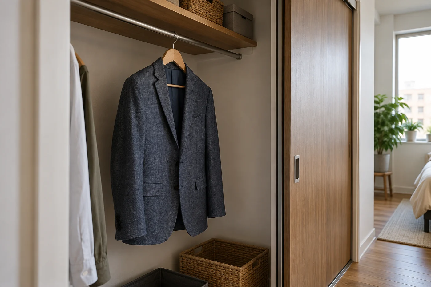 Hanging clothing beside a closet track and back wall