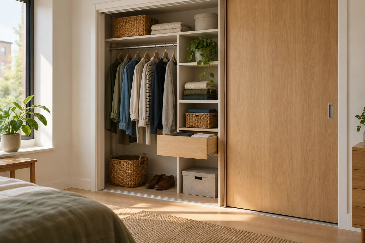 Open closet door with an accessible drawer inside the opening