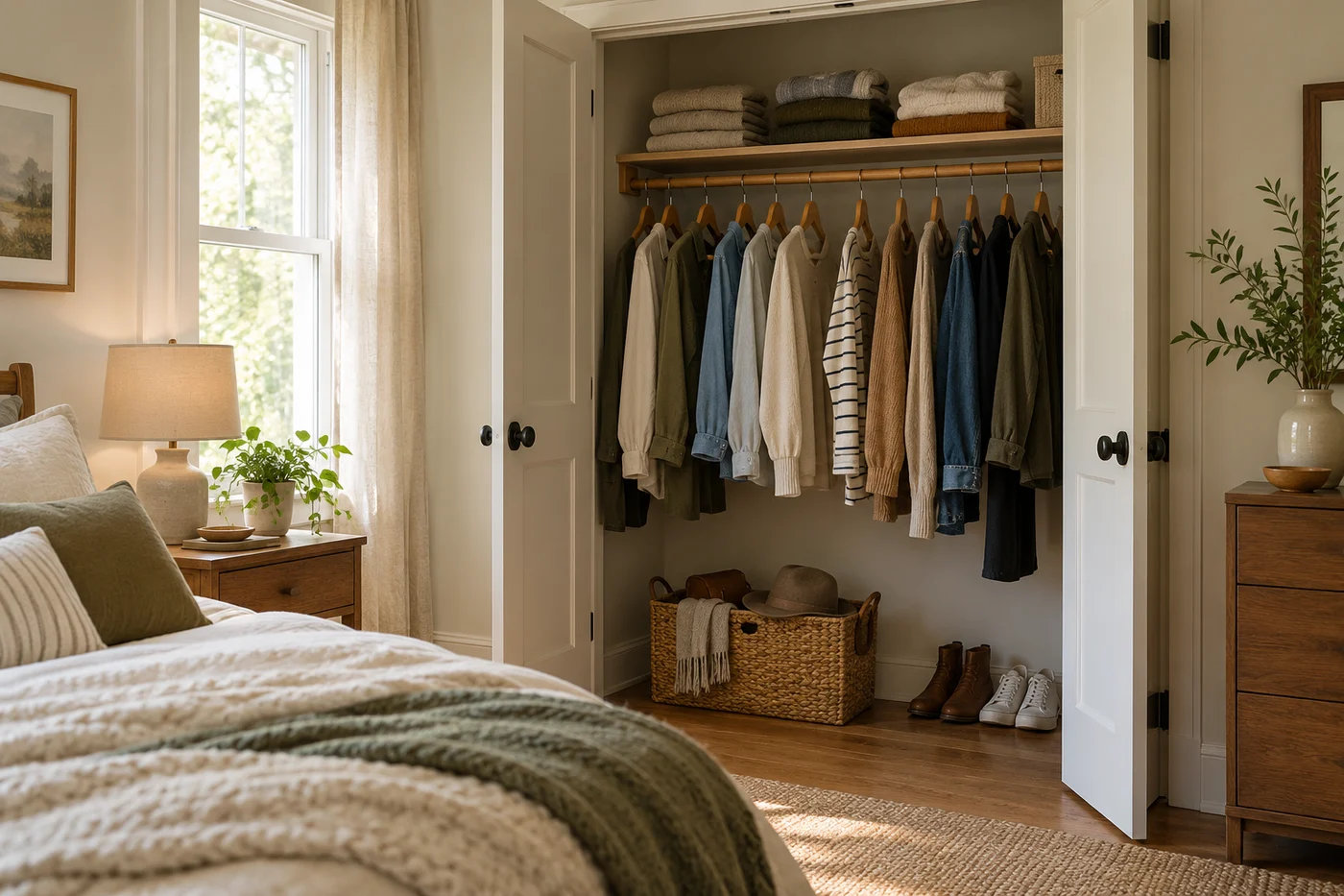 Small open reach-in closet with spaced hanging clothes and folded garments on the upper shelf