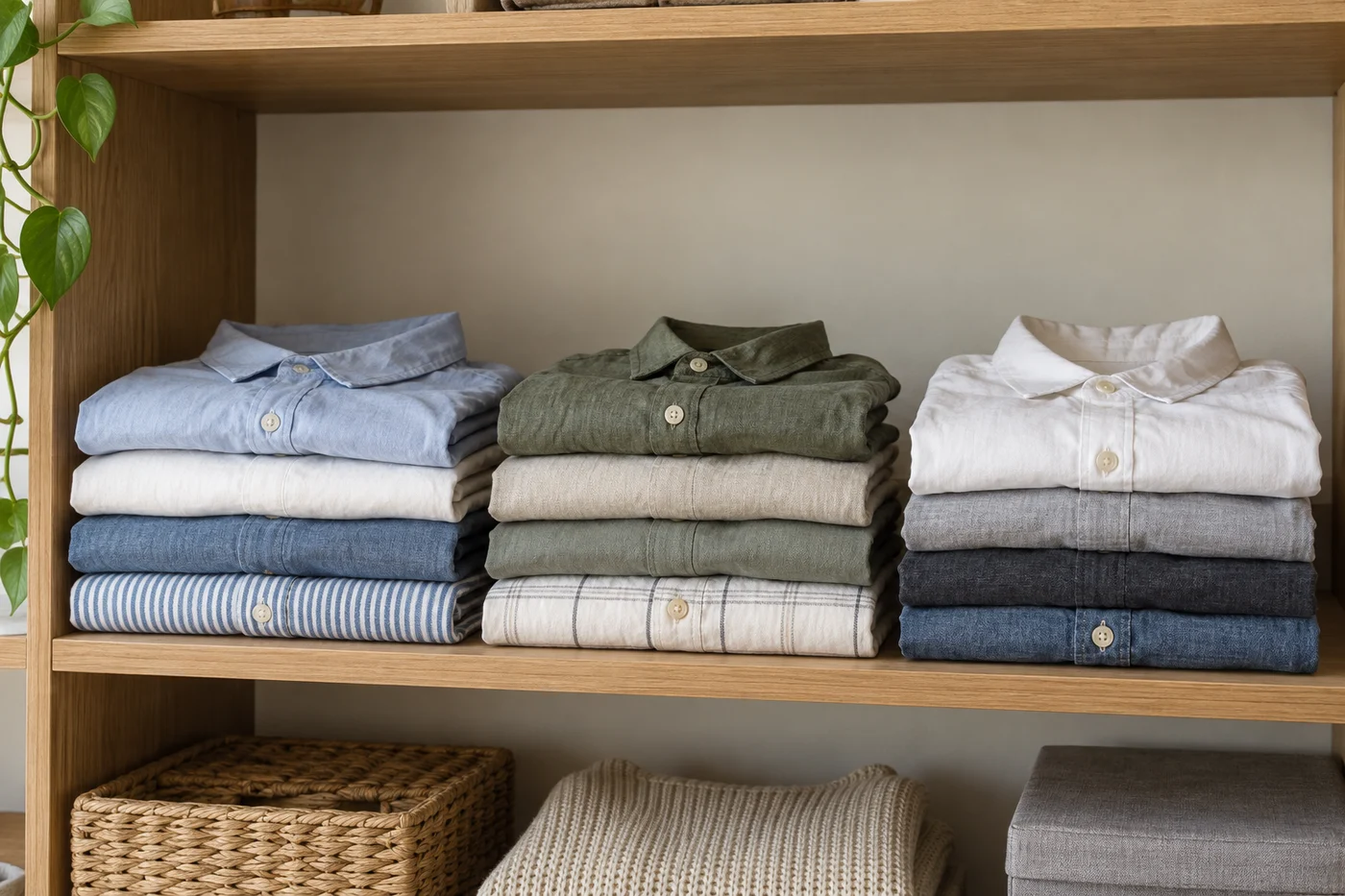 Short folded clothing stacks on a closet shelf
