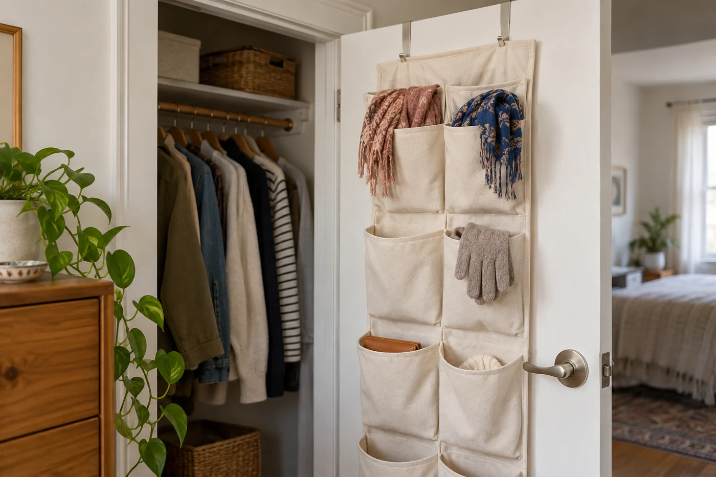 Scarves and gloves share a clearly grouped pocket organizer.
