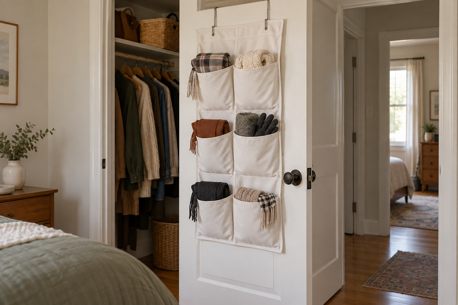 A shallow organizer on the back of an interior door in a small home