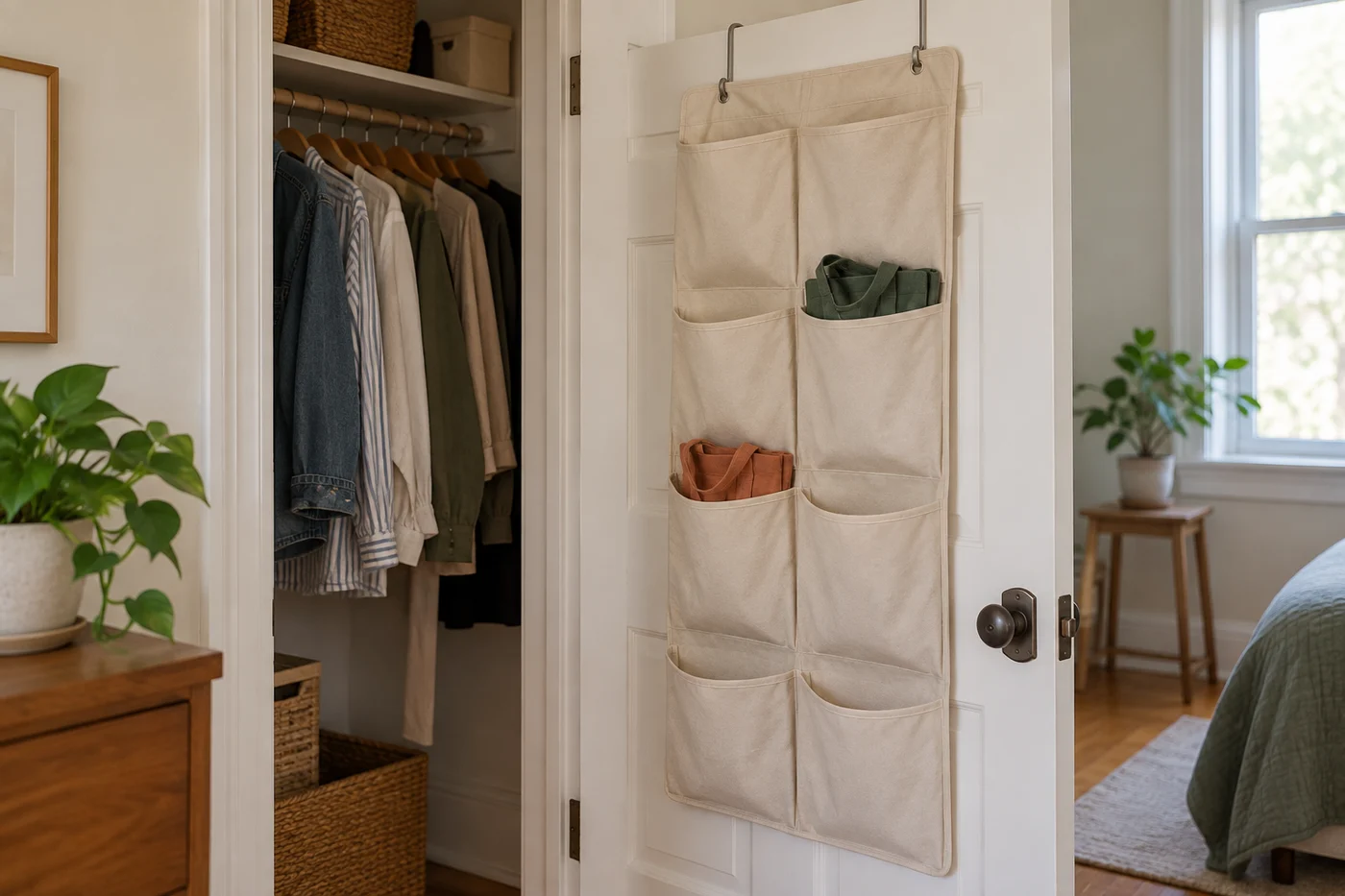 Folded fabric totes occupy separate organizer pockets.